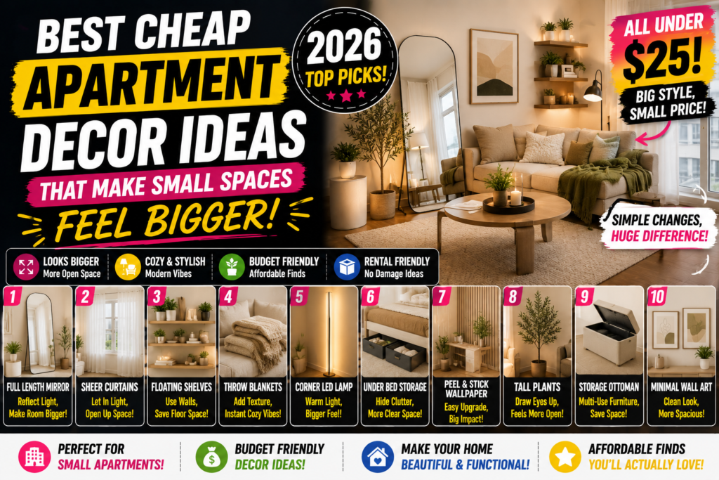Best Cheap Apartment Decor Ideas That Make Small Spaces Feel Bigger (2026)
